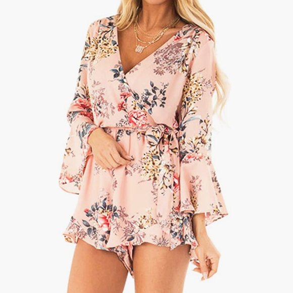 NWT | Amazon | Floral Print Bell Sleeve Tie Waist Romper | Medium | Pink - Picture 4 of 11